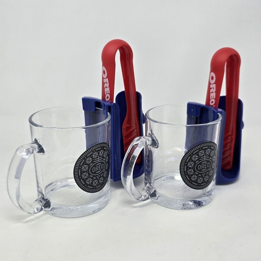 OREO Cookie Dunking Set Glass Mugs‎ with Red Tongs and Blue Holders Lot of 2